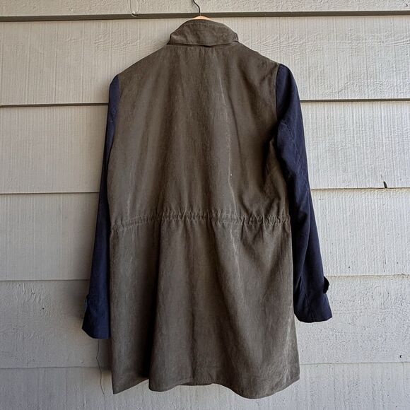 Tribeca Double Breasted Green & Dark Blue Trench Jacket Long Coat Woman Sz M - Picture 3 of 10